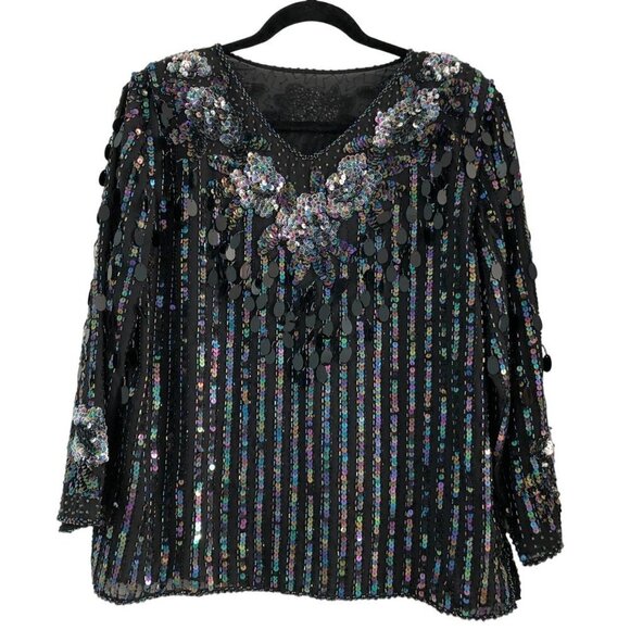 Tops - Vtg Black Iridescent Top Beaded Sequins 3/4 Sleeves Formal Sparkly 1980s L 12 14